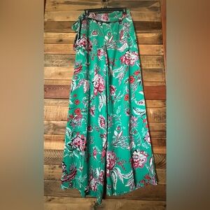 New York & Company Green Wide-Leg Floral Pants with Pink Accents